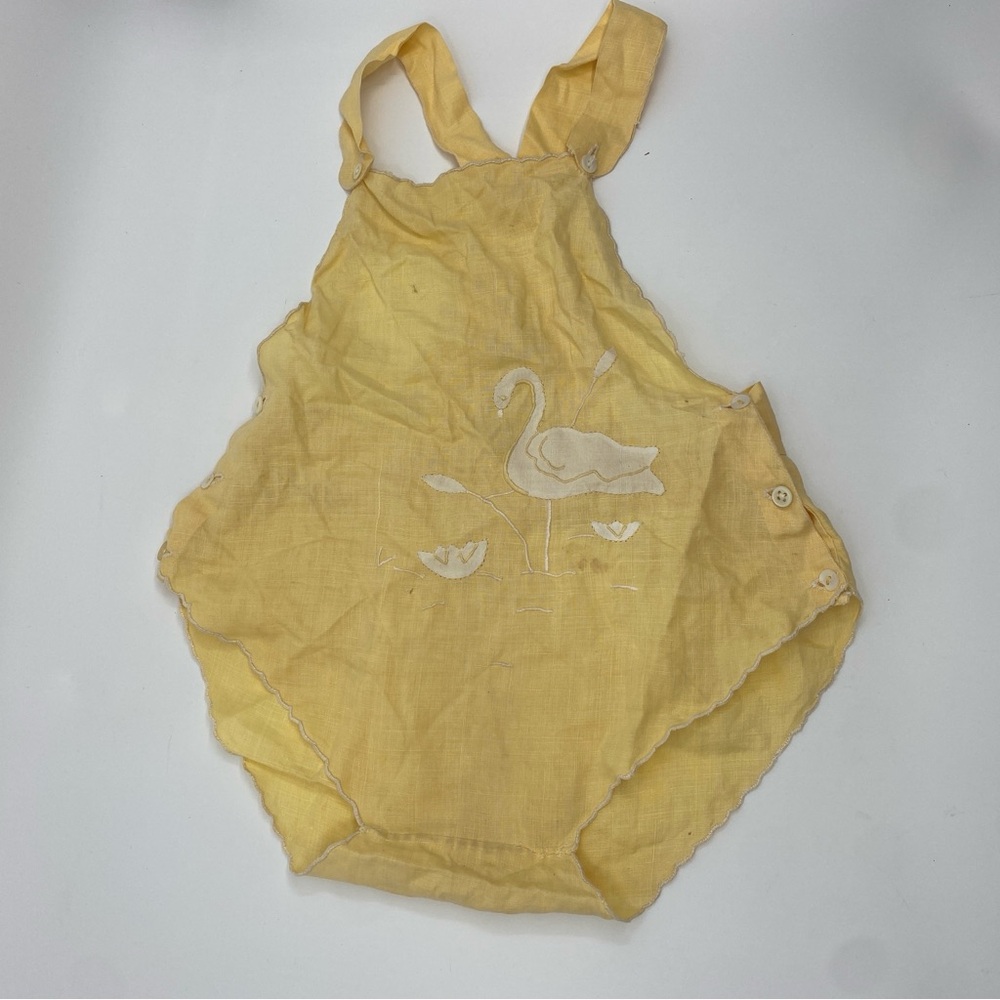 Vintage Antique? Yellow linen? overall one piece baby outfit duck stitching